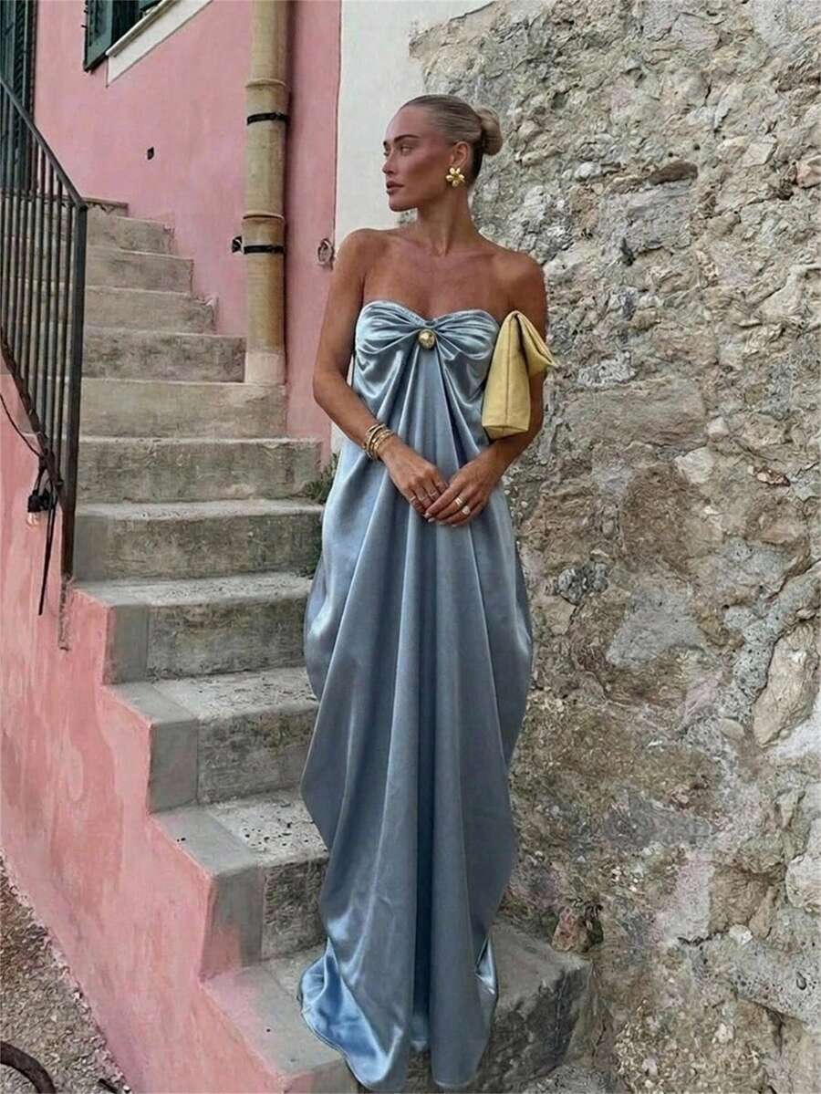 Aloruh Damen elegantes Seidenkleid mit Metallschnallen-Dekor, geeignet für Dates und Partys - Graublau - Übersicht 1