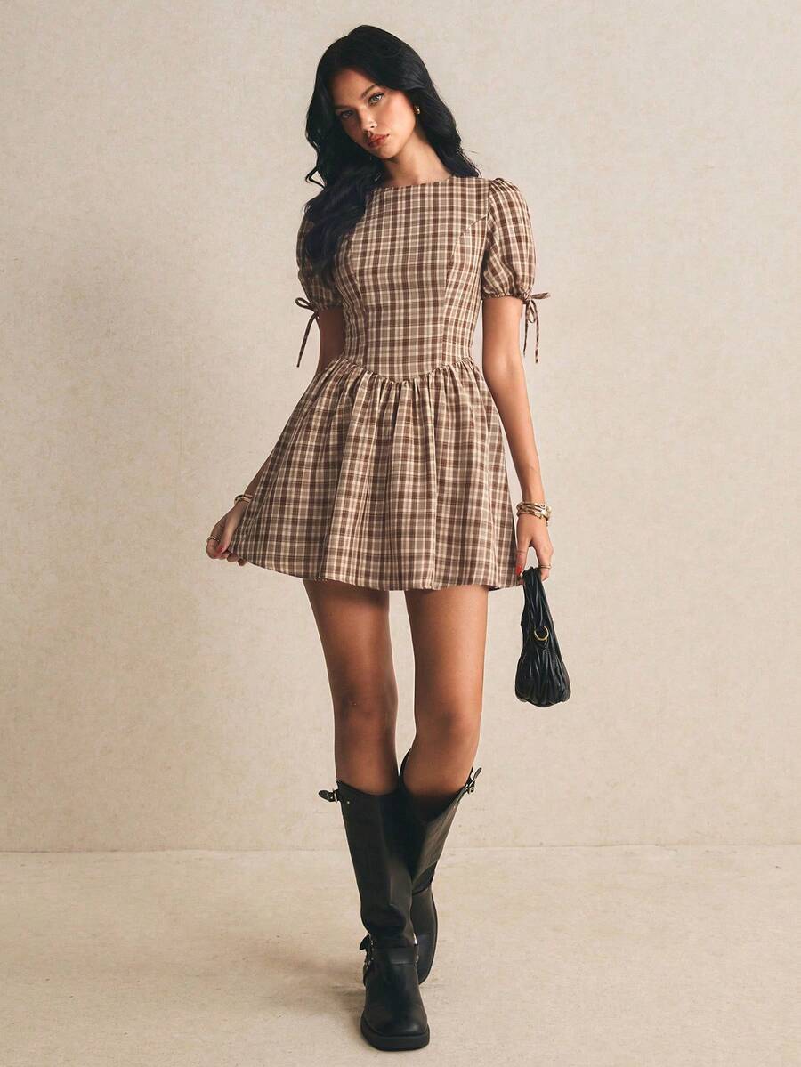 Poéselle 女款時尚百搭格紋繫帶洋裝,學院風 - 棕色 - 查看 1