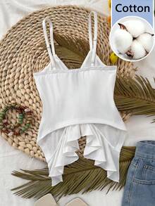 SHEIN PETITE French Gentle Style Front Tie Ruffle Trim Spaghetti Strap Slim Fit Flattering Tank Top - White - View 2