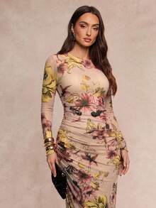 Silquee 女款花卉印花圓領長袖抓皺修身優雅洋裝 - 彩色 - 查看 4