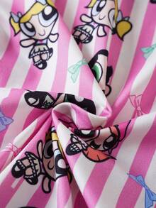 THE POWERPUFF GIRLS X SHEIN 青少年女孩條紋卡通印花上衣與短褲家居服 - 粉色 - 查看 7