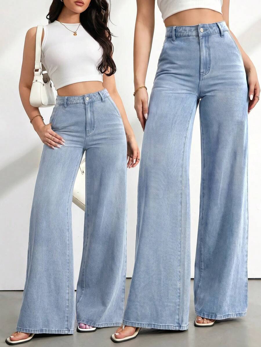 SHEIN Tall 女款高腰寬腿牛仔褲復古藍色水洗休閒夏季度假穿搭女款休閒水洗高腰寬腿牛仔褲