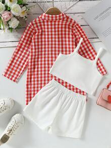 Young Girl Plaid Long Sleeve Single-Breasted Shirt, 3D Floral Decor Camisole And Shorts Casual Set - Red - View 4