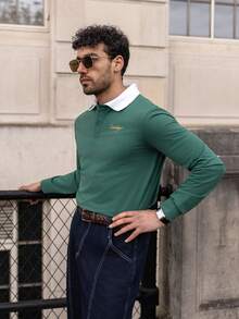 YOUESAWY YOUESAWY Men's Letter Print Contrast Color Long Sleeve Casual Polo Shirt Green Polo Shirt College Style Pattern Polo Men Long Sleeve Polo Shirt Rugby Shirt Polo Rugby Long Sleeve For Men - Dark Green - View 5