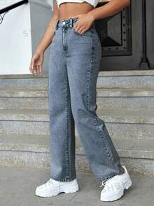 SHEIN ICON Jeans de cintura alta y pierna recta para verano - Azul lavado medio - Ver 5