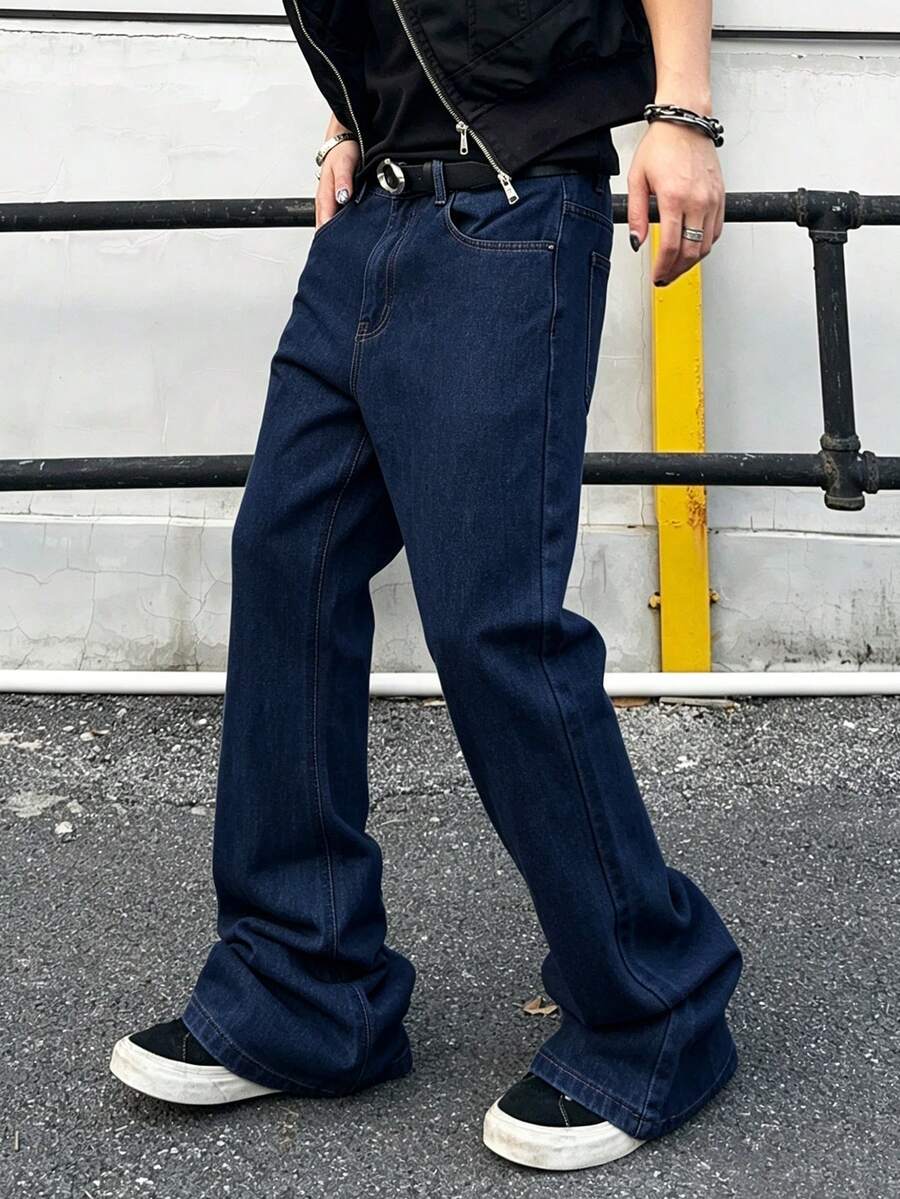 Manfinity EMRG Men's Casual Straight Leg Flare Jeans With Pockets - Dark Wash - View 1