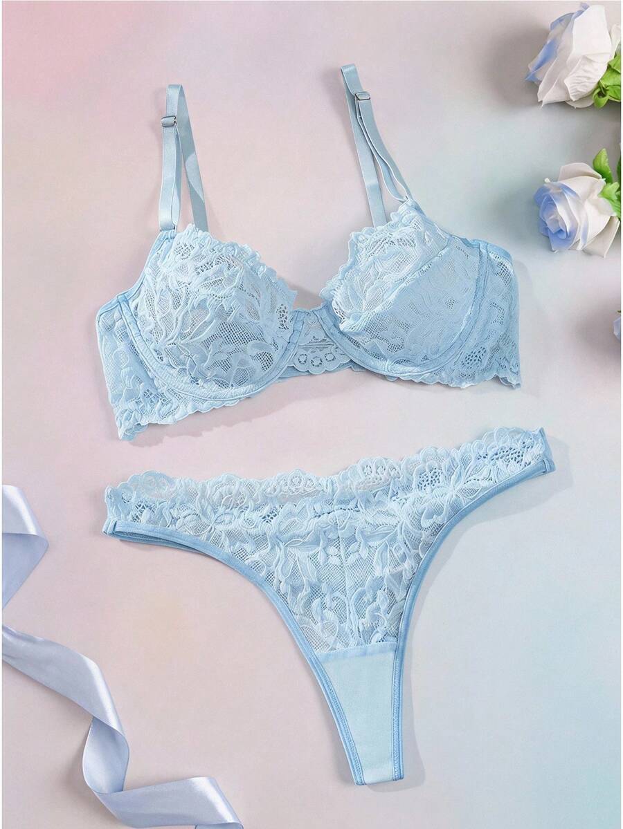 Elorette 女士时尚浅蓝色蕾丝花边甜美性感内衣外出内衣 - 淺藍色 - 查看 1