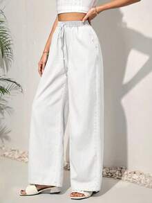 SHEIN PETITE CURVE 女款大尺碼腰部綁帶口袋寬腿寬鬆休閒牛仔褲 - 白色 - 查看 4