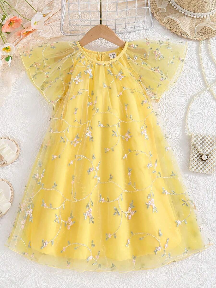 SHEIN Glamorique Kids 年轻女孩母亲节花童夏季花裙刺绣公主裙娃娃A字生日礼物派对节日夏装墨西哥儿童节多巴胺裙子 - 黃色 - 查看 1