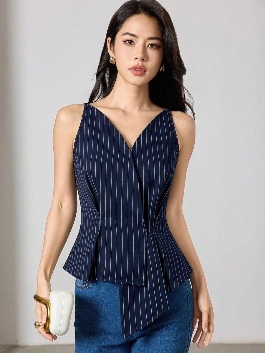 Heiryn 女款夏季時尚條紋不對稱下擺無袖上衣 - 藏蓝色 - 查看 1