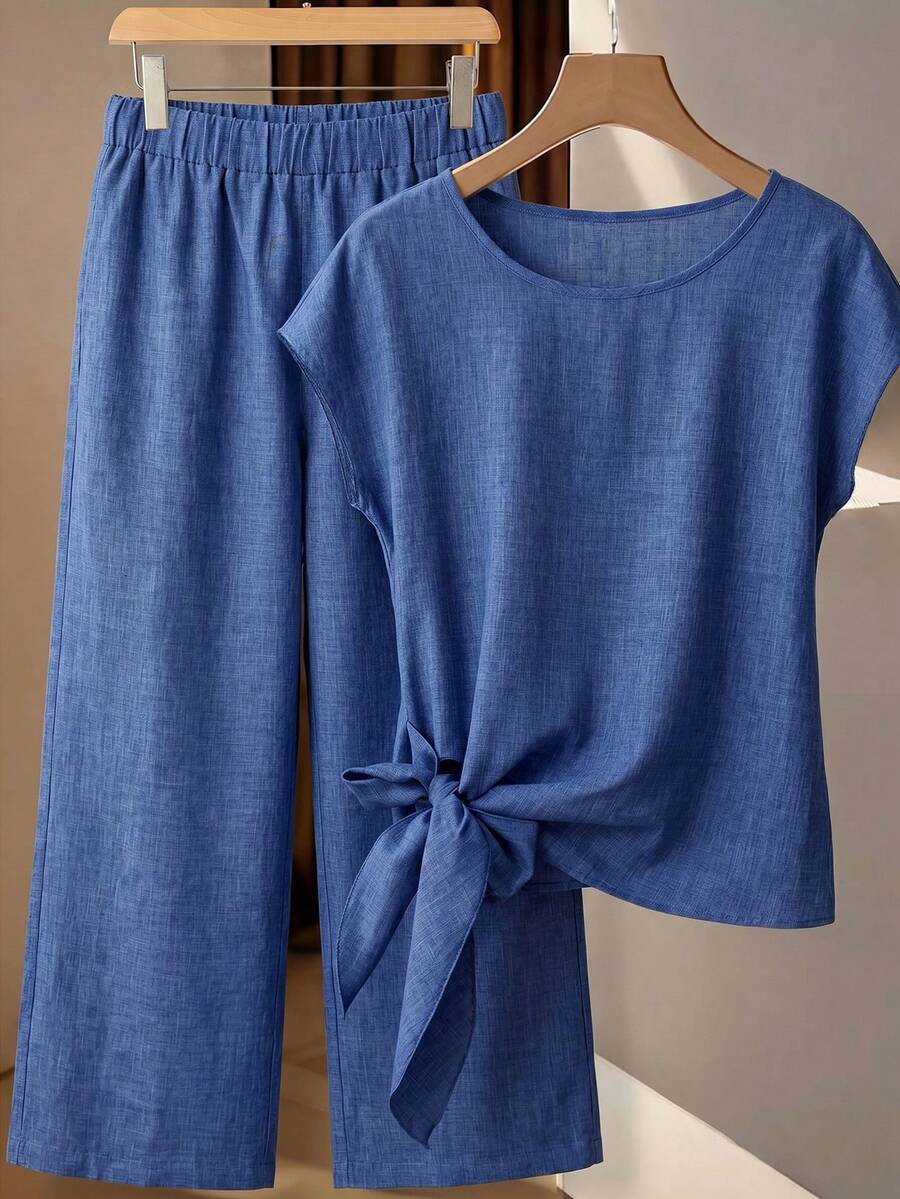 SHEIN Clasi 女士纯色圆领侧打结衬衫和裤子休闲两件套 - 藍色 - 查看 1