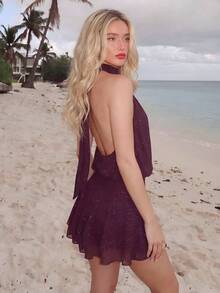 Turnttoni Women's Purple-Red Halter Neck Ruffle Hem Mini Dress, Purple-Red Dress Party Elegant Summer - Purple - View 2