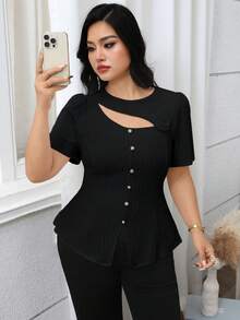 Modelyn Plus Size Women's Solid Color 3D Floral Decor Cutout Design Button Elegant Blouse Teachers' Day Office Black And White Summer - Black - View 6