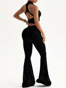 Sirith 2pcs Women Seamless Half Zip Mandarin Collar Backless Sexy Sports Bra And Flared Pants Yoga Workout Set - Black - View 2