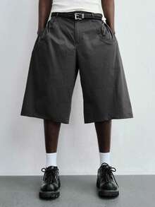ROMWE MEN Essentials Men's Solid Color Casual Pocket Structured Fluffy Shorts - Black - View 1