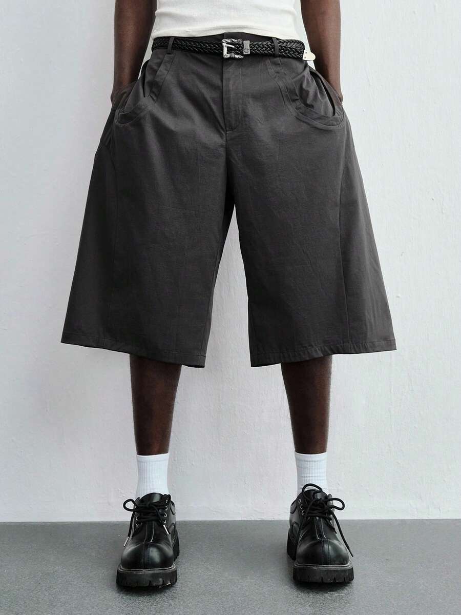 ROMWE MEN Essentials Men's Solid Color Casual Pocket Structured Fluffy Shorts - Black - View 1