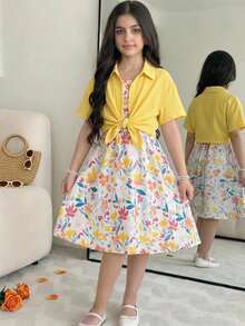 Conjunto de 2 piezas para niña KidsTween: camisa casual de vacaciones con nudo, chaqueta abierta con botones delanteros y vestido de tirantes finos con estampado floral menudo, amarillo - Amarillo - Ver 10