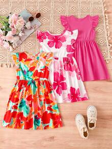 SHEIN 少女 3 件套 花卉印花 & 素色 荷葉袖 A 字裙，田園風，時尚可愛，適合夏季外出 - 彩色 - 查看 2