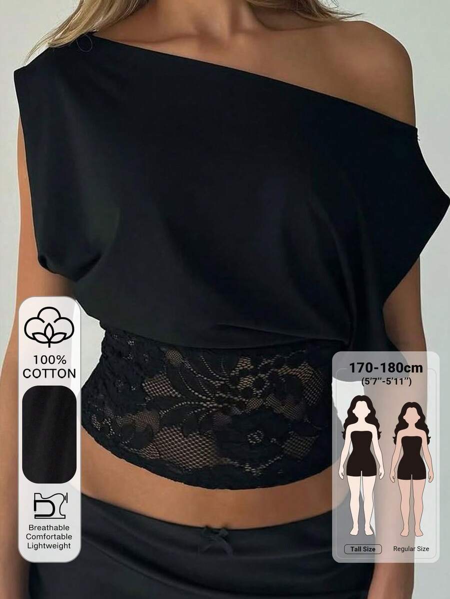 Dazy Tall Women's Lace Patchwork Asymmetrical Shoulder Casual Sexy Vacation Style Short Sleeve Fitted T-Shirt Summer Off The Shoulder Top Date Night Black - Black - View 1