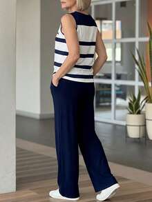 EMERY ROSE Conjunto de top sin mangas de cuello redondo con estampado a rayas y pantalones de chándal para mujeres de mediana edad y mayores - Multicolor - Ver 6