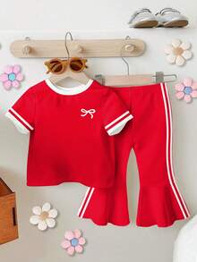 Conjunto casual y cómodo de 2 piezas para niñas, selección aleatoria 4 en 1: 4 estilos de estampado de dibujos animados con frutas, conejo, cereza, lazo/letra/cereza, top de cuello redondo y manga corta + pantalones largos acampanados ajustados de color púrpura, tela transpirable y amigable con la piel, adecuado para primavera/verano, uso diario, salidas, hogar, fiestas, versátil - Multicolor - Ver 6