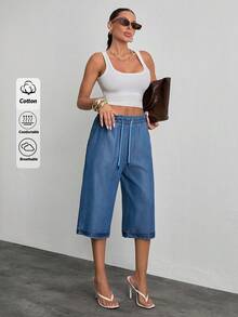 Casual denimshorts för kvinnor, långa, bekväma och raka, hög kvalitet för sommaren - Blå - Visa 1