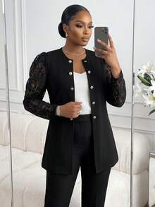 SHEIN Lady CURVE 大尺碼女款對比蕾絲花瓣袖優雅夾克 - 黑色 - 查看 1