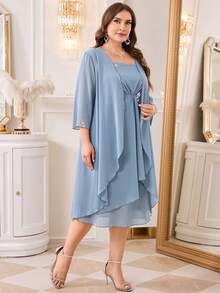 Reflora Plus Size Elegant Party Evening Wedding Guest Rhinestone Decor Solid Color Jacket Dress Dusty Blue Autumn - Blue - View 5