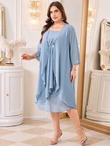 Reflora Plus Size Elegant Party Evening Wedding Guest Rhinestone Decor Solid Color Jacket Dress Dusty Blue Autumn - Blue - View 7