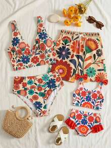 SHEIN Conjunto de Bikini con Decoración de Lazo y Estampado Floral para Niñas Jóvenes - Multicolor - Ver 2