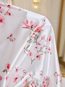 LuxeNights Elegant Floral Print Satin Front Button Patch Pocket Short Sleeve Long Pants Women's Pajama Set Loungewear - White - View 6