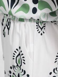 SHEIN LUNE CURVE 春夏度假大尺碼女款花卉印花無袖上衣＋寬腿褲兩件套休閒套裝 - 綠色 - 查看 5