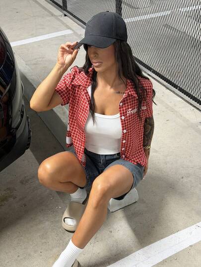 SAYEHFBABY Printed Casual Street Style Check Short Sleeve Blouse For Women