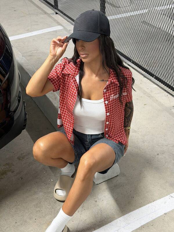 SAYEHFBABY 印花休闲街头风格女式格纹短袖衬衫