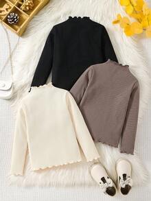 SHEIN 3件組少女休閒基礎百搭素色羅紋荷葉邊假領針織修身T恤套裝，秋季/冬季 - 彩色 - 查看 2