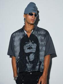 Modcrash Men's Grey Gothic Portrait & Slogan Print Button-Down Shirt, Street Dark Style Shirt - Dark Grey - View 5