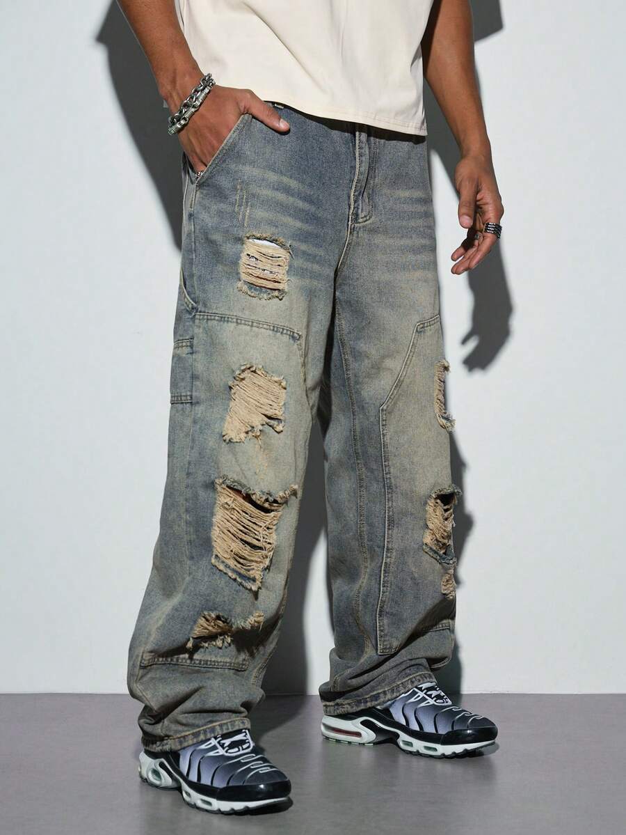 Modcrash Men's New Straight Leg Cat Whisker Distressed American Casual Denim Jeans - Bronze - View 1