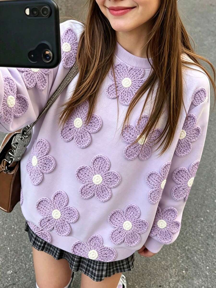 SHEIN 紫色圓領女童運動衫,3D花卉圖案印花,適合外出、日常百搭百搭,適合秋冬穿著,個性甜美 - 彩色 - 查看 1
