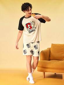Notgurli GARFIELD | SHEIN Men's Colorblock Patchwork Cartoon Print Short Sleeve Top And Shorts Loungewear Set - Multicolor - View 6