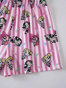 THE POWERPUFF GIRLS X SHEIN 青少年女孩條紋卡通印花上衣與短褲家居服 - 粉色 - 查看 6