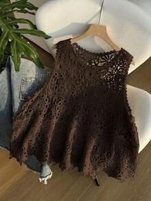 SHEIN EZwear 巧克力棕大尺碼女款春夏鏤空針織背心 - 巧克力棕 - 查看 3