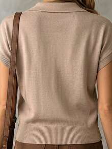 Balvessa Women's Polo Collar V-Neck Ribbed Cuff & Hem Minimalist Casual Short Sleeve Sweater - Khaki - View 6