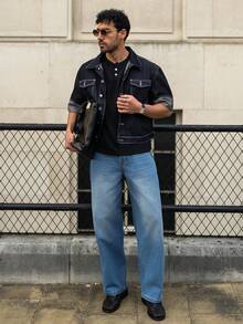 YOUESAWY YOUESAWY 1pc Vintage Washed Loose Fit Wide Leg Men's Jeans, Non-Stretch, Suitable For Casual And Work Wear - Light Wash - View 1