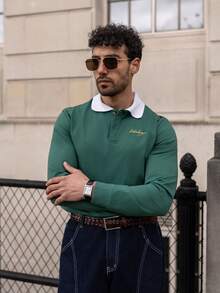 YOUESAWY YOUESAWY Men's Letter Print Contrast Color Long Sleeve Casual Polo Shirt Green Polo Shirt College Style Pattern Polo Men Long Sleeve Polo Shirt Rugby Shirt Polo Rugby Long Sleeve For Men - Dark Green - View 4