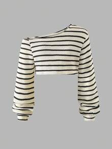 青少年女孩 T-shirt 套裝，背心、不對稱肩上衣、寬腿褲，時尚街頭風 3 件套 - 黑與白 - 查看 3