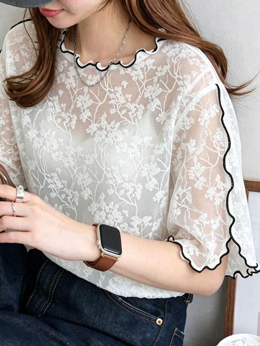 FRIFUL 女款夏季休閒提花短袖T恤 - 杏色 - 查看 1