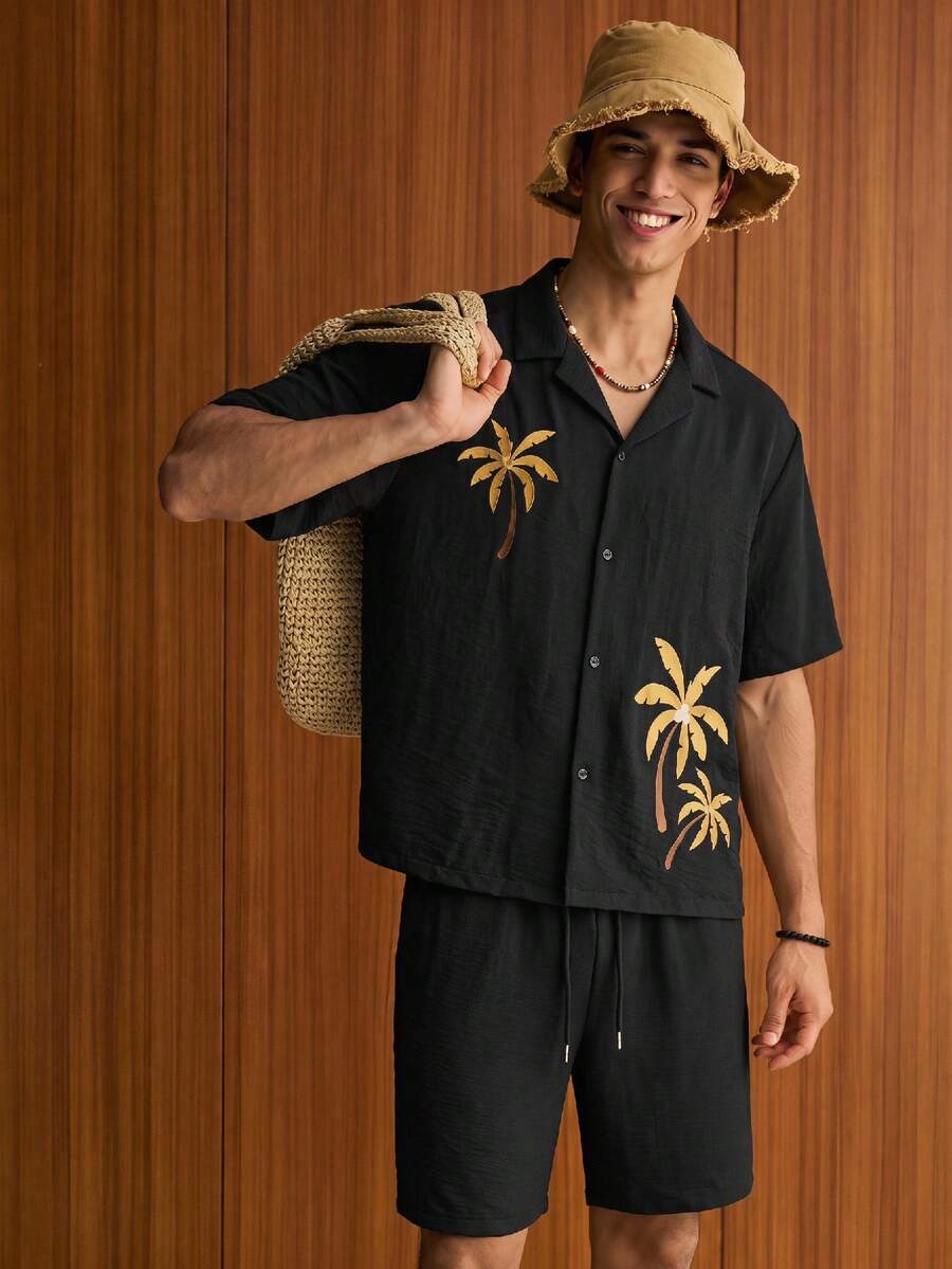 SWAVVY Men's Coconut Tree Print Shirt And Shorts Set