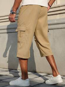 Manfinity Homme Men's Solid Color Drawstring Waist Casual Cargo 7/10 Pants - Khaki - View 2