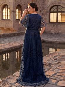 Serin Gaun Pengantin Ukuran Besar Elegan Romantis Lengan Ruffle Mewah Payet Patchwork Satin Bertatahkan Mutiara dan Rhinestones Potongan A-Line Besar Cocok untuk Pesta Pernikahan, Perayaan, Makan Malam Formal, Gaun Ibu Pengantin - Navy Blue - View 2