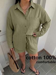Muchica Plus Size Women Solid Color Fashion Loose Long Sleeve Shirt And Shorts 2pcs Set Vacation Olive Green Autumn Smart Casual Normal Fall Date Night Brunch - Army Green - View 7
